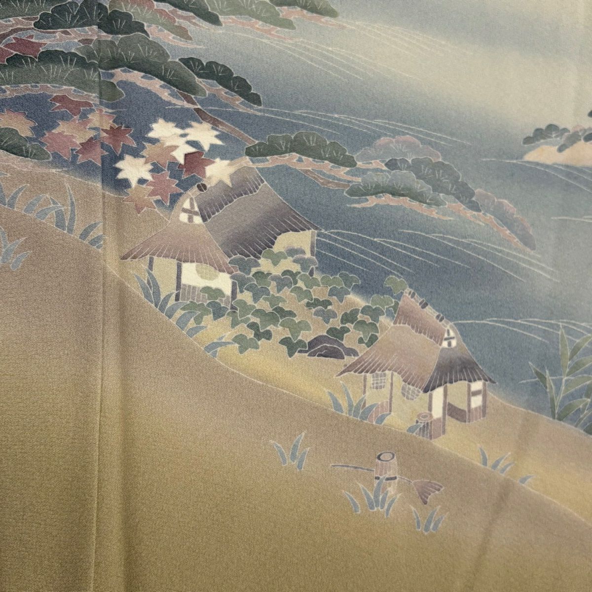 付下 身長154.5cm 袖長64cm M 單層 落款有 風景 家屋 漸層 薄茶 純蠶絲 優品級