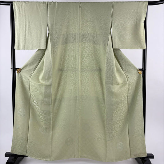 付下 身長162cm 袖長65cm M 雙層 草花紋紋 霞 金絲刺繡 抹茶 純蠶絲 秀品級 一つ紋