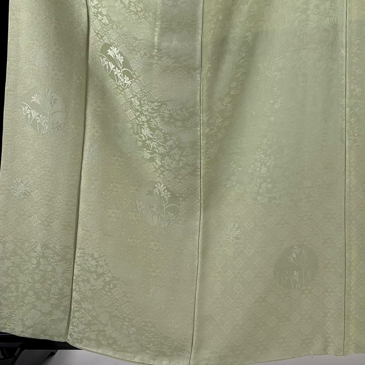付下 身長162cm 袖長65cm M 雙層 草花紋紋 霞 金絲刺繡 抹茶 純蠶絲 秀品級 一つ紋