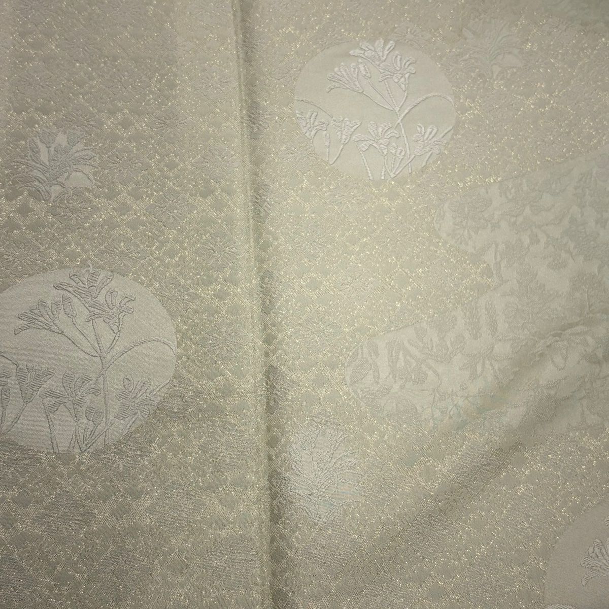 付下 身長162cm 袖長65cm M 雙層 草花紋紋 霞 金絲刺繡 抹茶 純蠶絲 秀品級 一つ紋