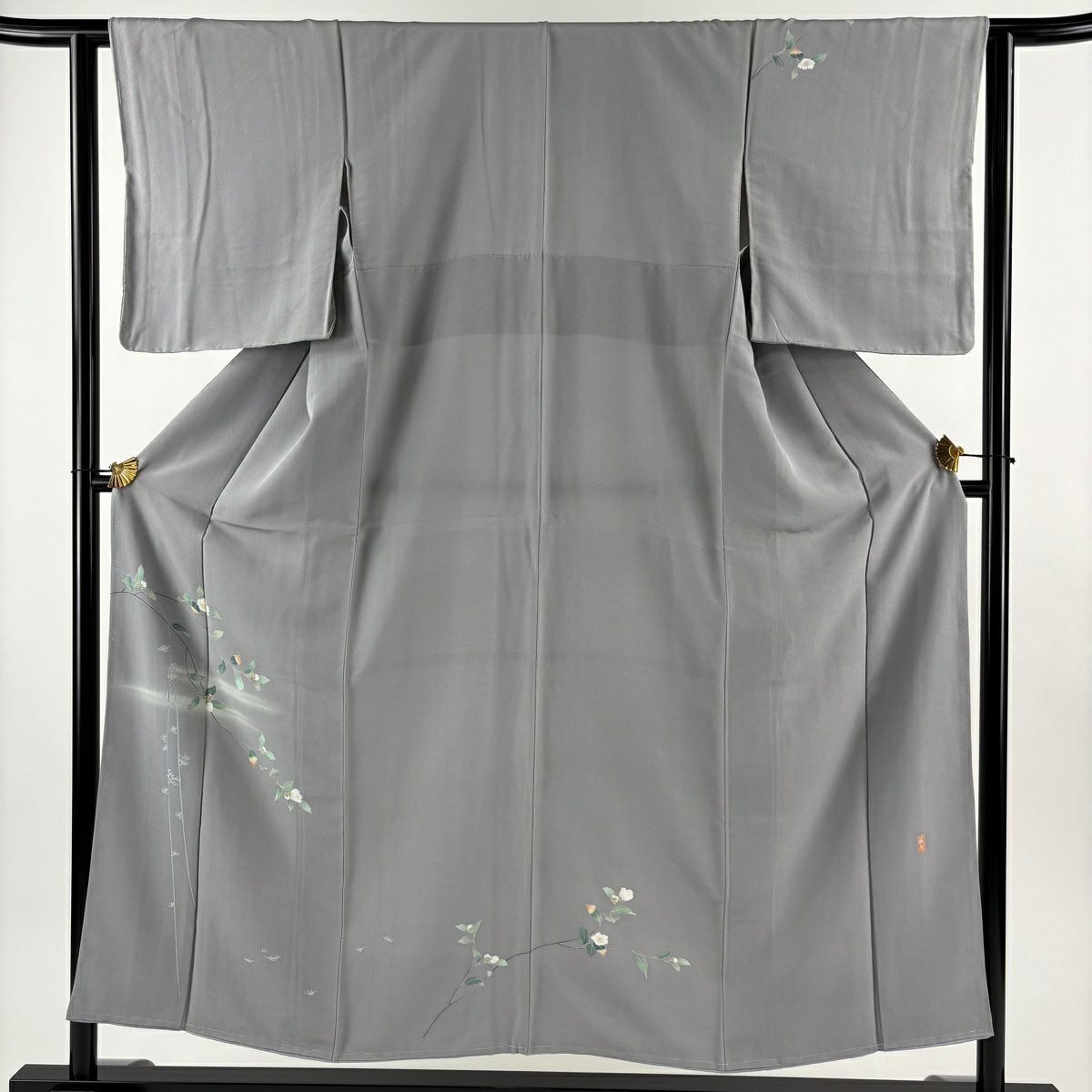付下 身長152cm 袖長62.5cm S 雙層 落款有 椿 霞 灰 純蠶絲 秀品級