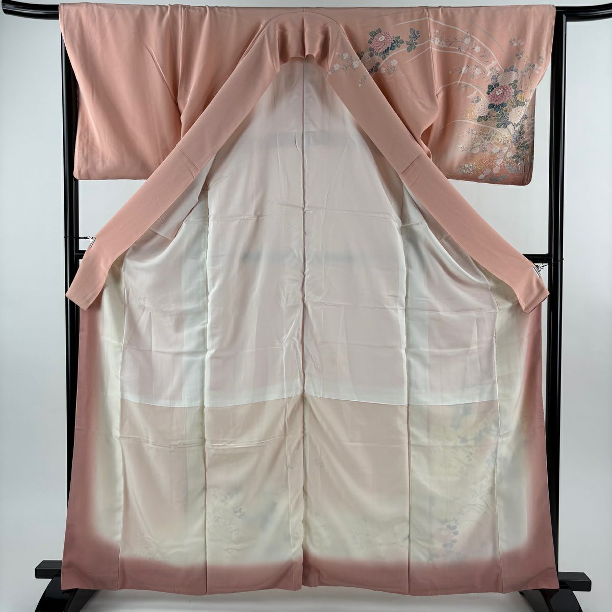 訪問服 身長162.5cm 袖長65cm M 雙層 草花紋紋 金銀彩 漸層 粉色 純蠶絲 優品級