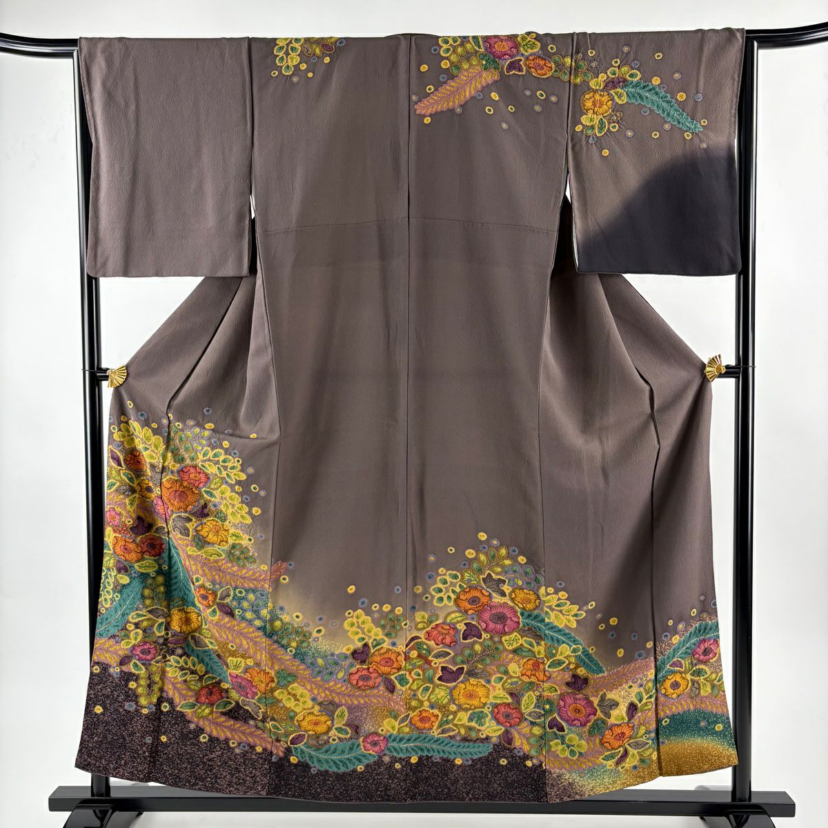 訪問服 身長157cm 袖長65cm M 雙層 辻花染圖案 漸層 絞染 灰茶 純蠶絲 優品級