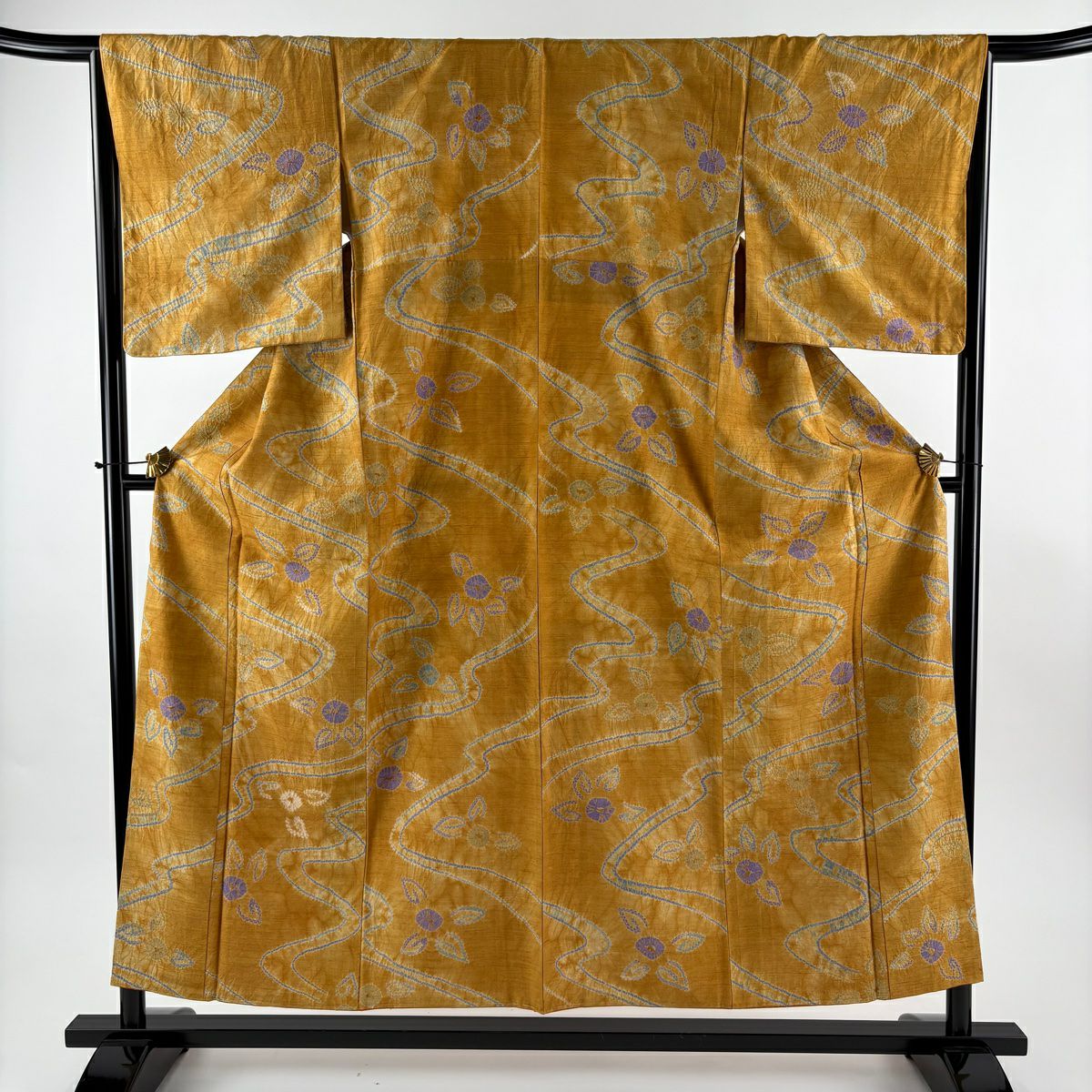 【美品】 小紋 身長154.5cm 袖長66cm M 雙層 紬織織 草花紋紋 流水 絞染 山吹 純蠶絲 秀品級