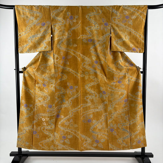 【美品】 小紋 身長154.5cm 袖長66cm M 雙層 紬織織 草花紋紋 流水 絞染 山吹 純蠶絲 秀品級