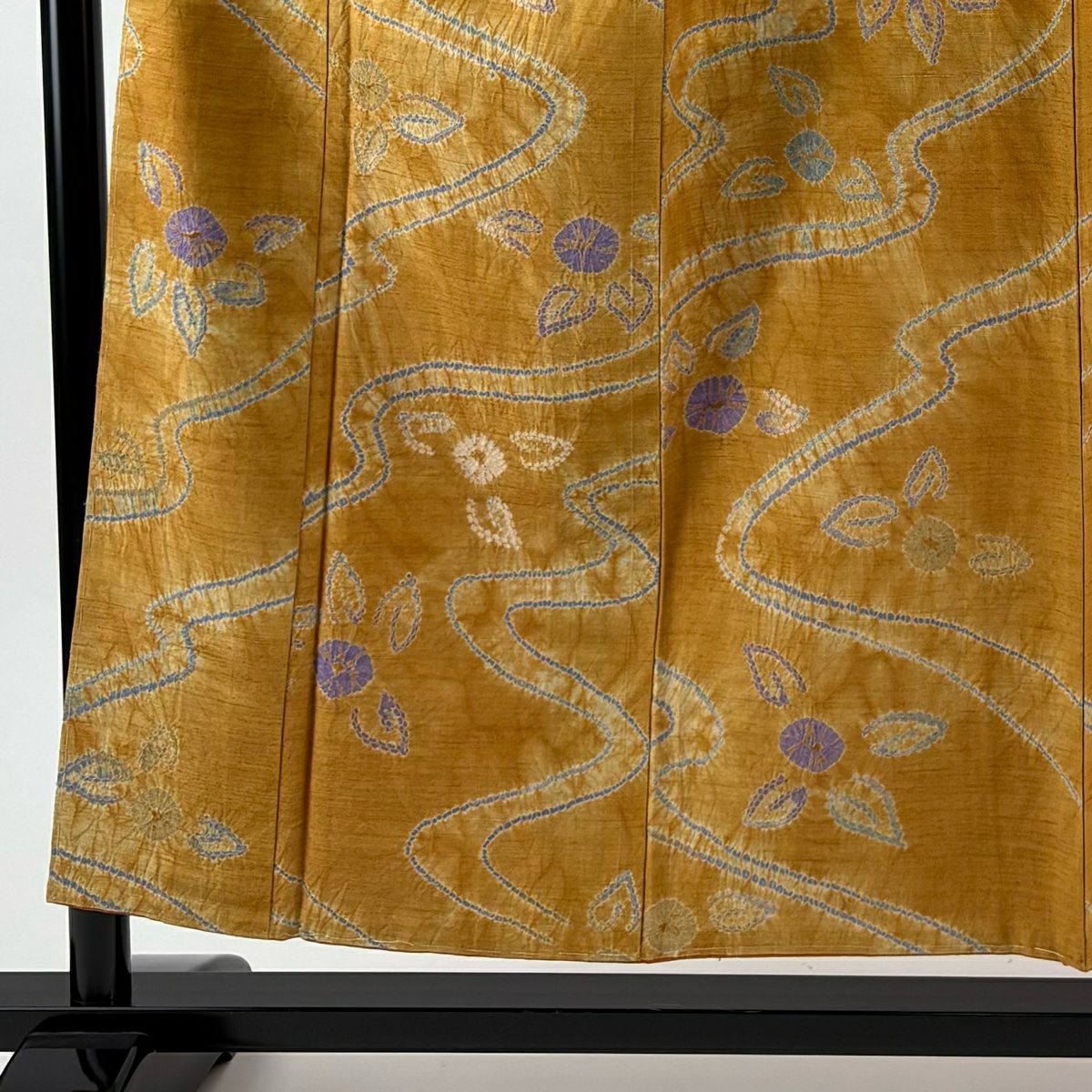 【美品】 小紋 身長154.5cm 袖長66cm M 雙層 紬織織 草花紋紋 流水 絞染 山吹 純蠶絲 秀品級