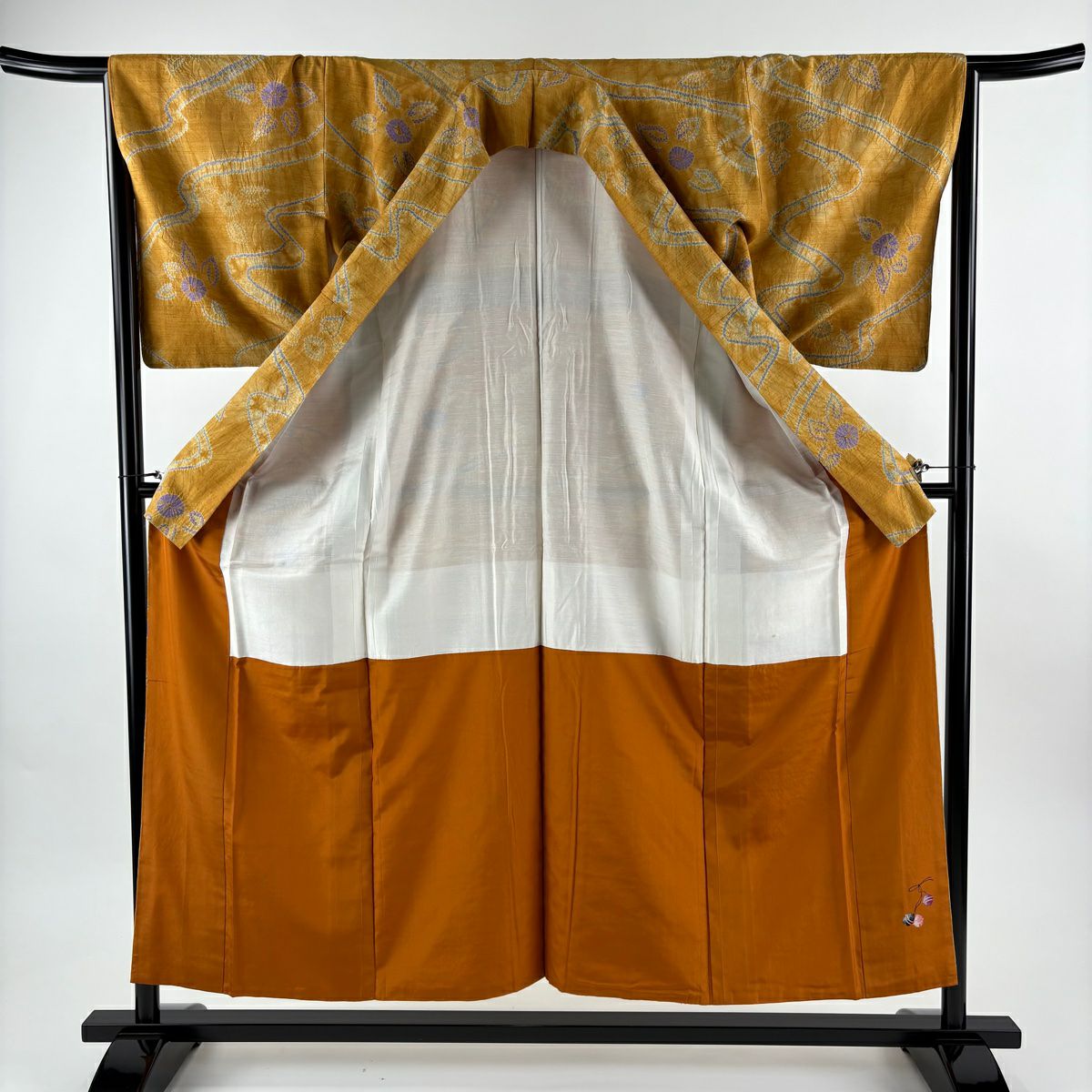 【美品】 小紋 身長154.5cm 袖長66cm M 雙層 紬織織 草花紋紋 流水 絞染 山吹 純蠶絲 秀品級