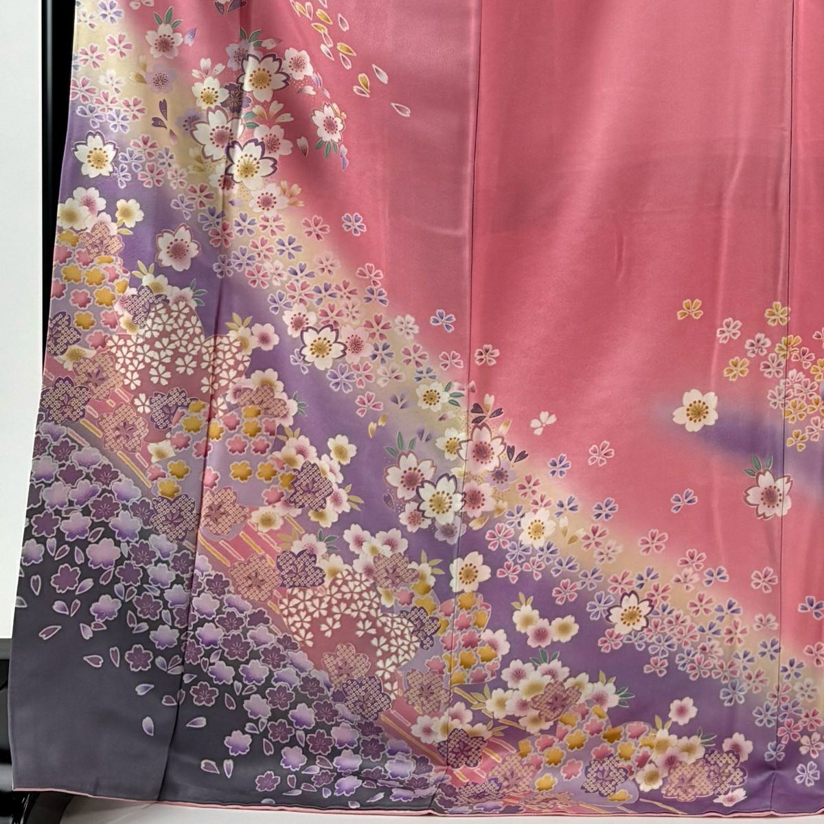 【美品】振袖禮服 身長171.5cm 袖長70cm L 雙層櫻花瓣金銀彩漸層粉色純蠶絲 優品級