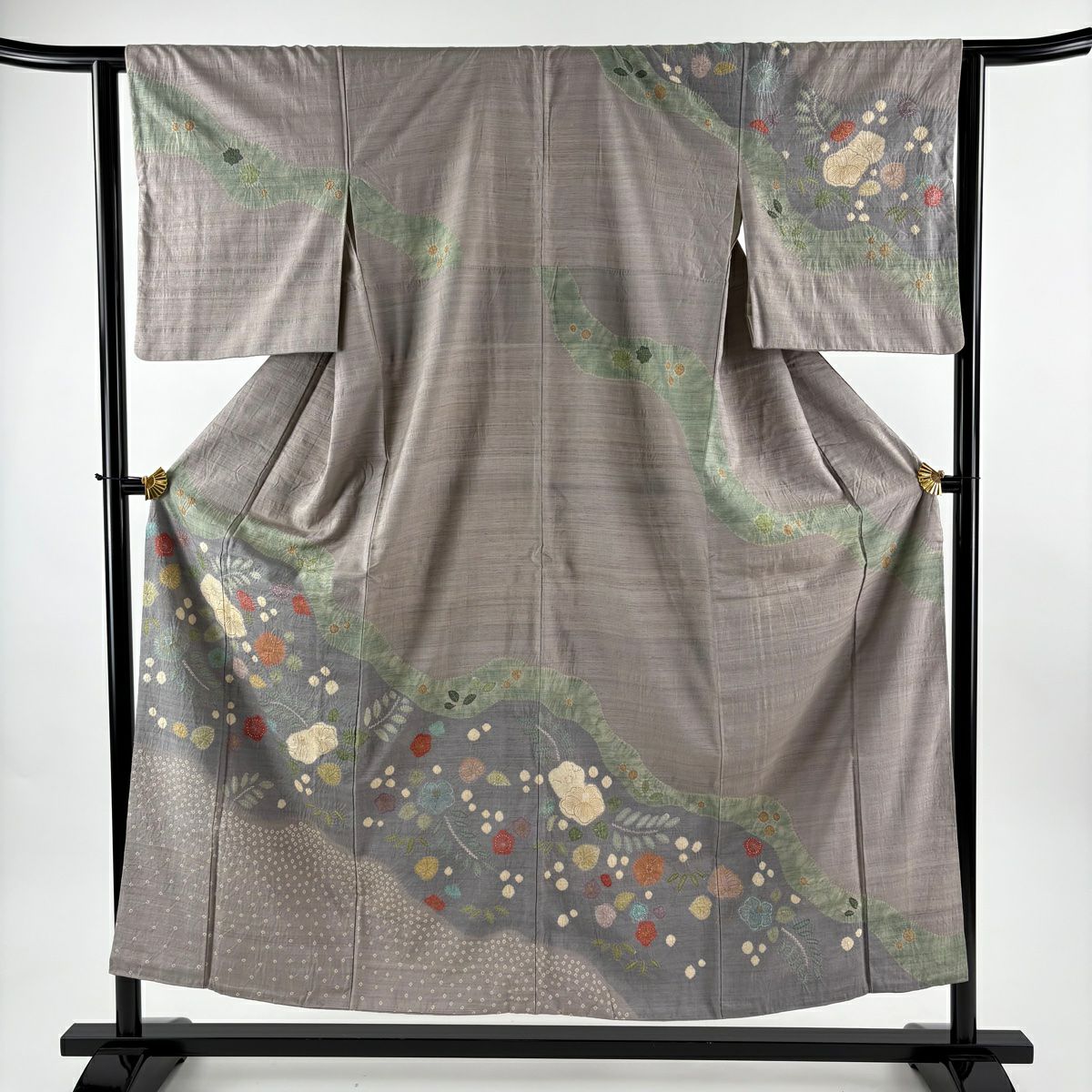 訪問服 身長153.5cm 袖長62.5cm S 雙層 紬織織 草花紋紋 霞 金銀彩 絞染 灰紫 純蠶絲 秀品級