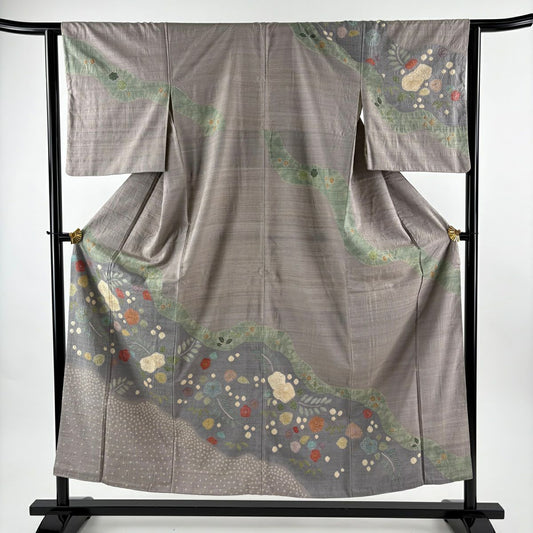 訪問服 身長153.5cm 袖長62.5cm S 雙層 紬織織 草花紋紋 霞 金銀彩 絞染 灰紫 純蠶絲 秀品級