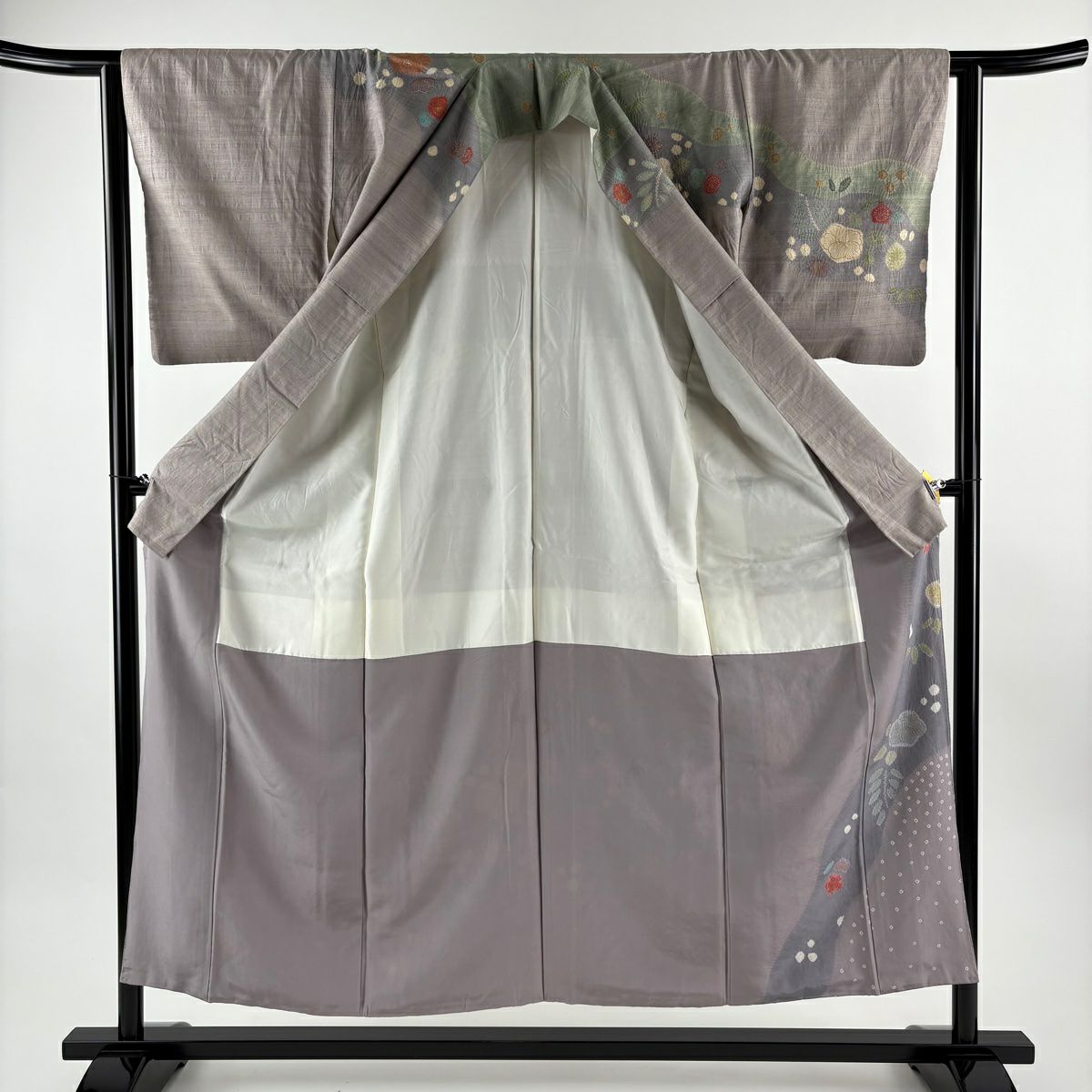 訪問服 身長153.5cm 袖長62.5cm S 雙層 紬織織 草花紋紋 霞 金銀彩 絞染 灰紫 純蠶絲 秀品級