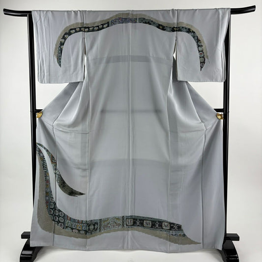 訪問服 身長168cm 袖長66.5cm M 雙層 熨斗紋 幾何學 金彩裝飾 刺繡 水色 純蠶絲 秀品級