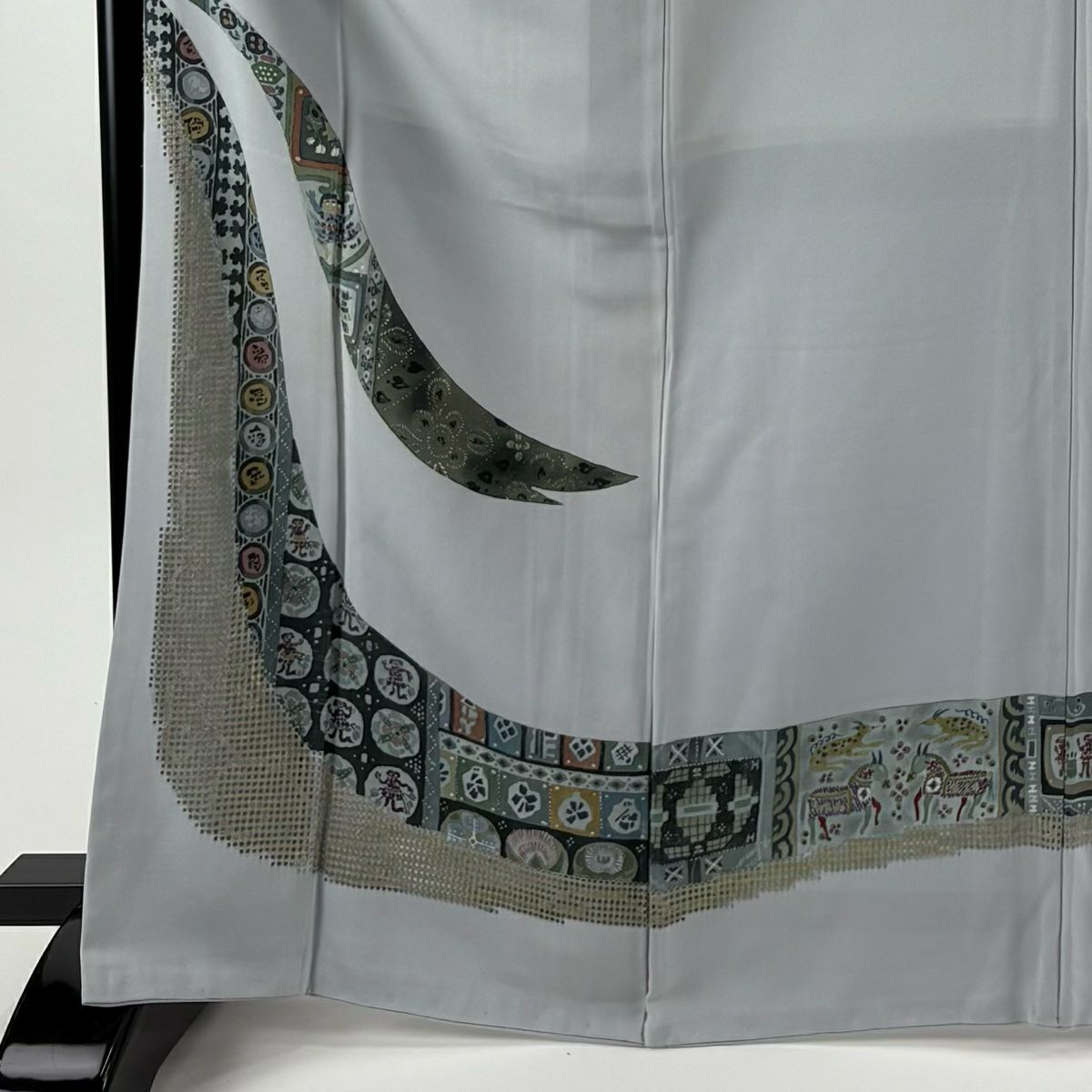 訪問服 身長168cm 袖長66.5cm M 雙層 熨斗紋 幾何學 金彩裝飾 刺繡 水色 純蠶絲 秀品級