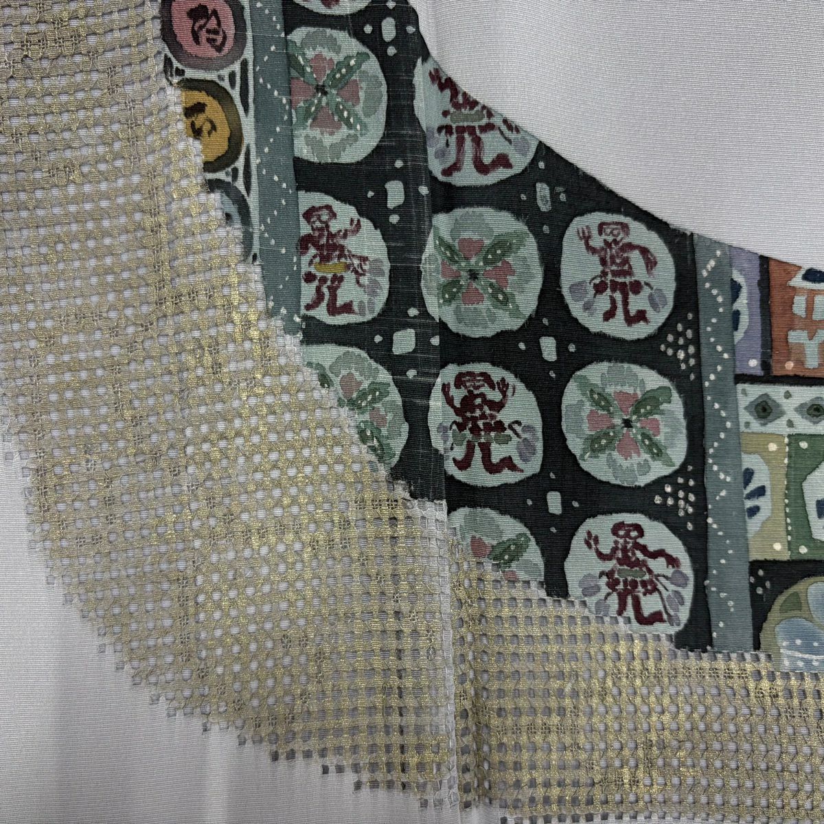 訪問服 身長168cm 袖長66.5cm M 雙層 熨斗紋 幾何學 金彩裝飾 刺繡 水色 純蠶絲 秀品級