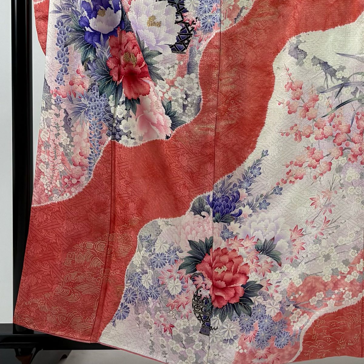 振袖禮服 身長160cm 袖長65cm M 雙層 花籠 波 銀糸 金銀彩 粉紅 純蠶絲 秀品級