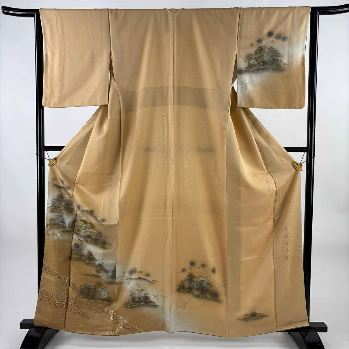 【美品】訪問服 身長161cm 袖長64cm M 雙層 落款あり 京洛百景 樹木 金銀彩 漸層 薄茶 純蠶絲 秀品級