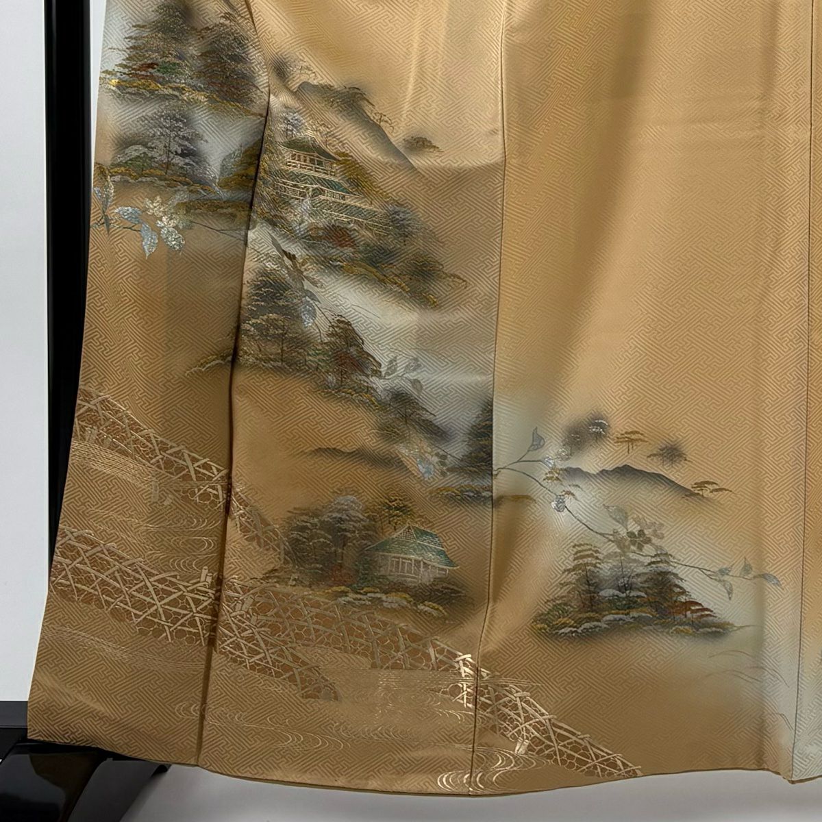 【美品】訪問服 身長161cm 袖長64cm M 雙層 落款あり 京洛百景 樹木 金銀彩 漸層 薄茶 純蠶絲 秀品級