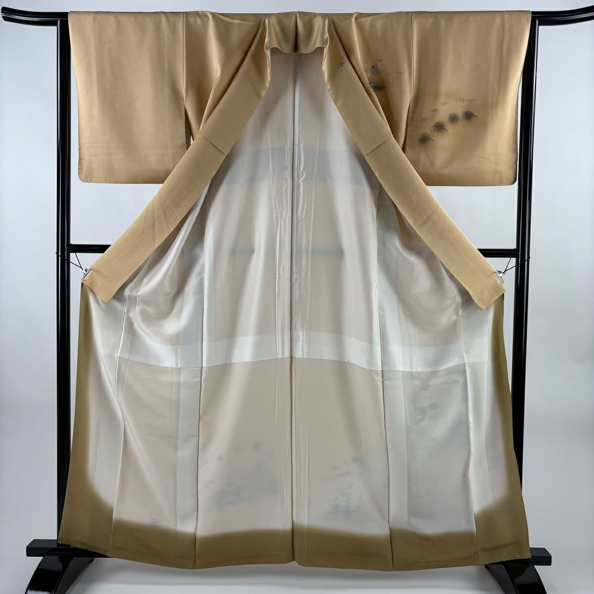 【美品】訪問服 身長161cm 袖長64cm M 雙層 落款あり 京洛百景 樹木 金銀彩 漸層 薄茶 純蠶絲 秀品級