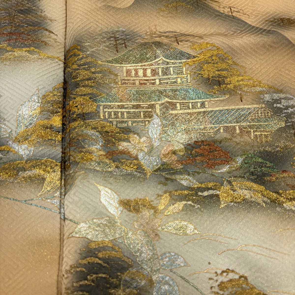 【美品】訪問服 身長161cm 袖長64cm M 雙層 落款あり 京洛百景 樹木 金銀彩 漸層 薄茶 純蠶絲 秀品級
