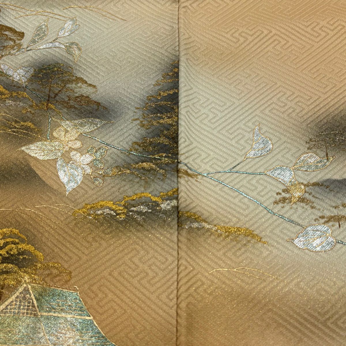 【美品】訪問服 身長161cm 袖長64cm M 雙層 落款あり 京洛百景 樹木 金銀彩 漸層 薄茶 純蠶絲 秀品級
