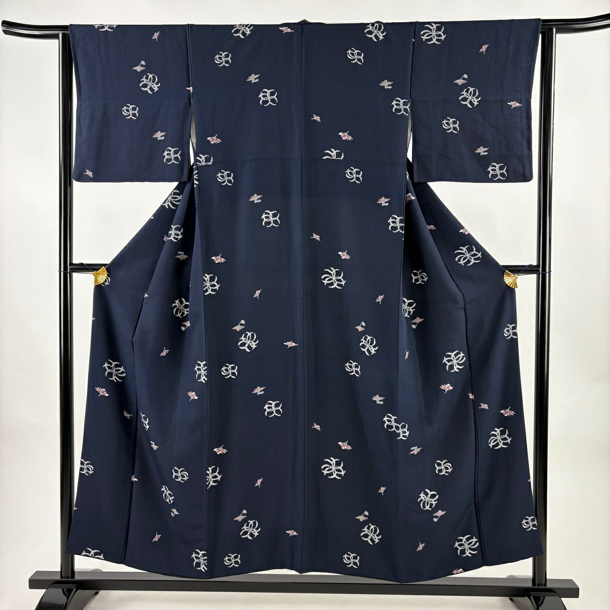 小紋 身長152cm 袖長64cm M 雙層 菊花 深藍 純蠶絲 秀品級
