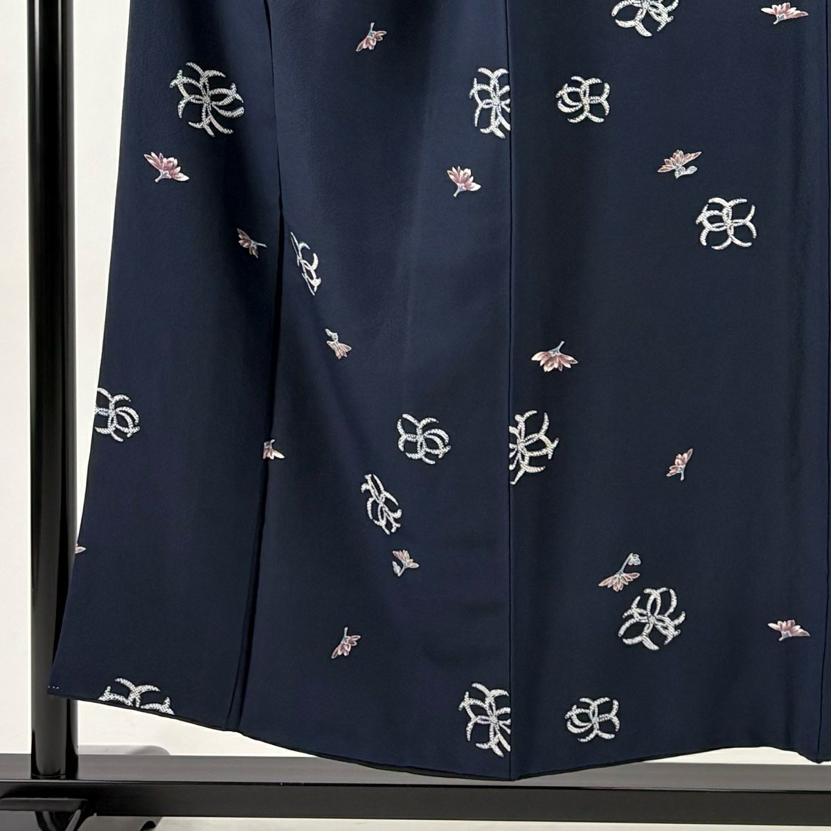 小紋 身長152cm 袖長64cm M 雙層 菊花 深藍 純蠶絲 秀品級