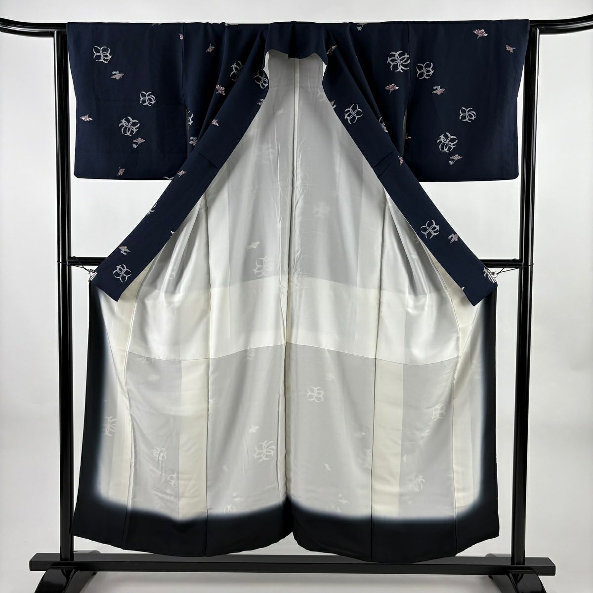 小紋 身長152cm 袖長64cm M 雙層 菊花 深藍 純蠶絲 秀品級