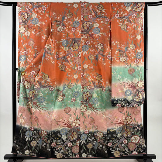 振袖禮服 身長158cm 袖長63cm S 雙層 櫻花 鳥 金銀彩 淺橙色 純蠶絲 優品級
