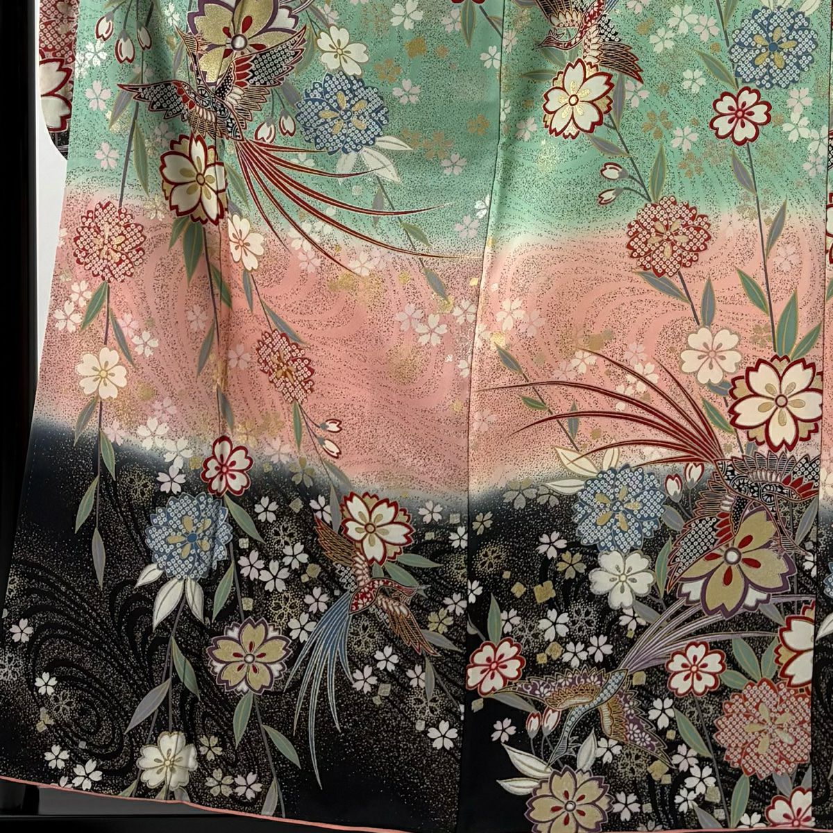 振袖禮服 身長158cm 袖長63cm S 雙層 櫻花 鳥 金銀彩 淺橙色 純蠶絲 優品級