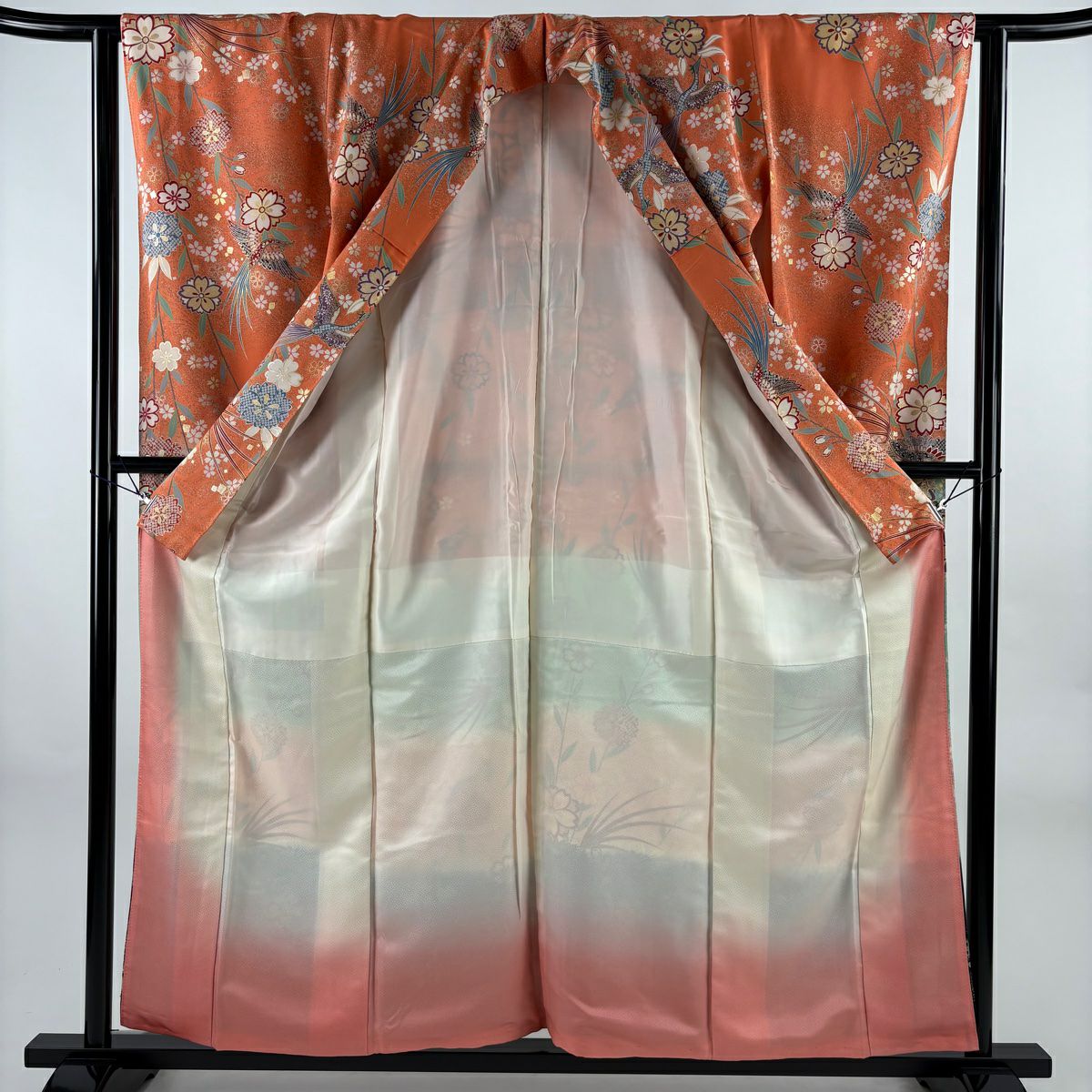 振袖禮服 身長158cm 袖長63cm S 雙層 櫻花 鳥 金銀彩 淺橙色 純蠶絲 優品級