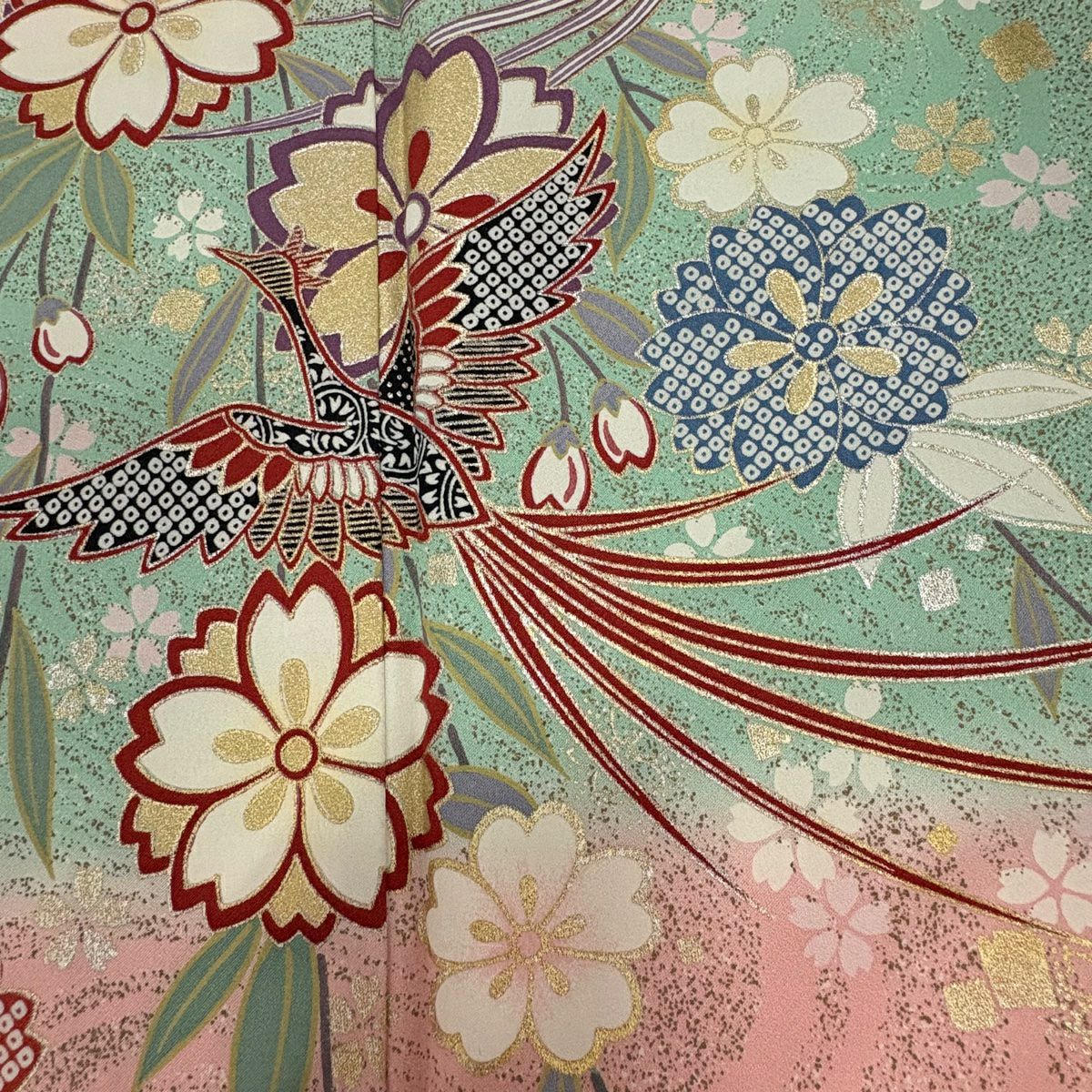 振袖禮服 身長158cm 袖長63cm S 雙層 櫻花 鳥 金銀彩 淺橙色 純蠶絲 優品級