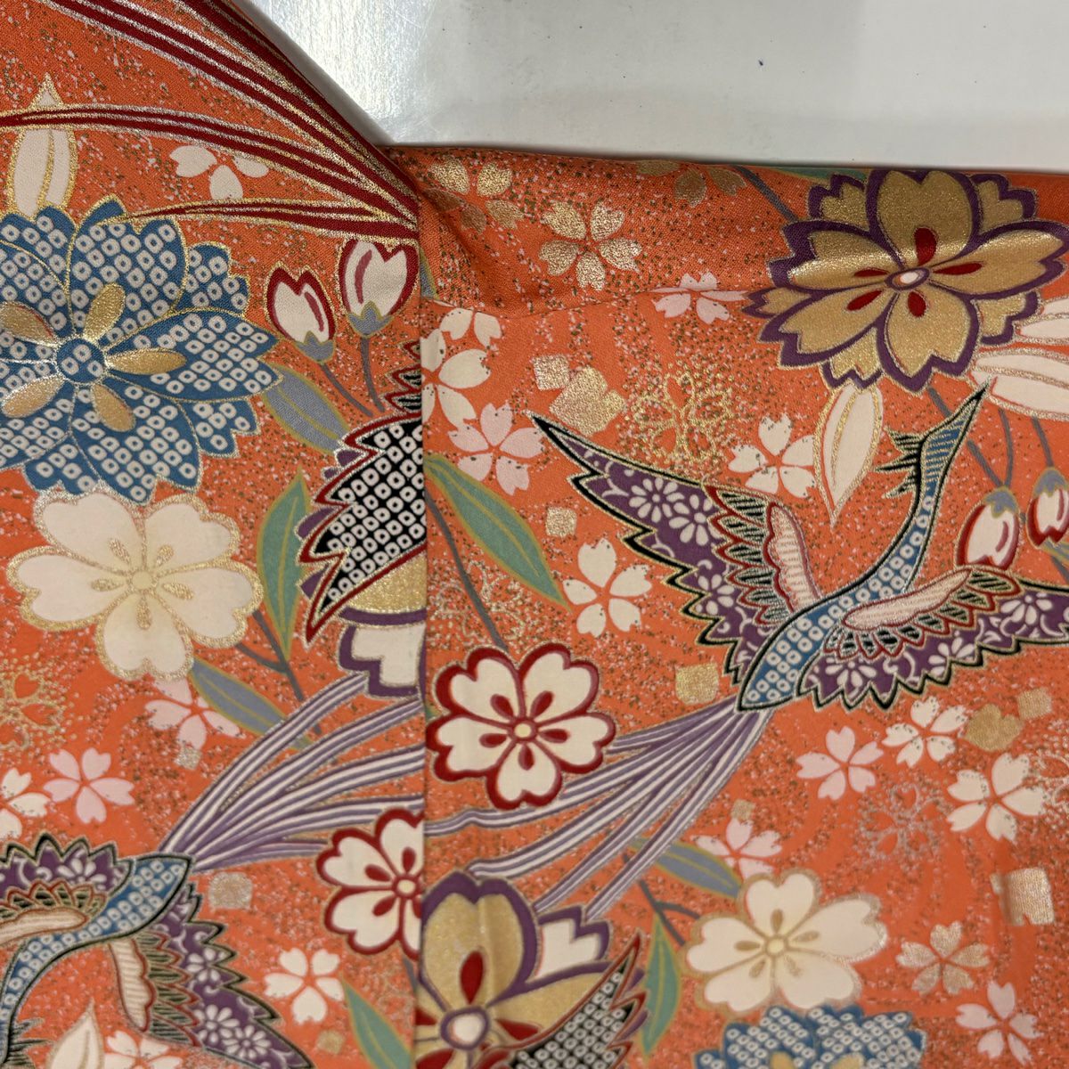 振袖禮服 身長158cm 袖長63cm S 雙層 櫻花 鳥 金銀彩 淺橙色 純蠶絲 優品級