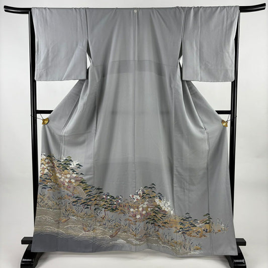 灰色留袖禮服 身長163.5cm 袖長67cm M 雙層 建物 松樹竹子梅花 金絲 金銀彩 純蠶絲 秀品級 一個紋