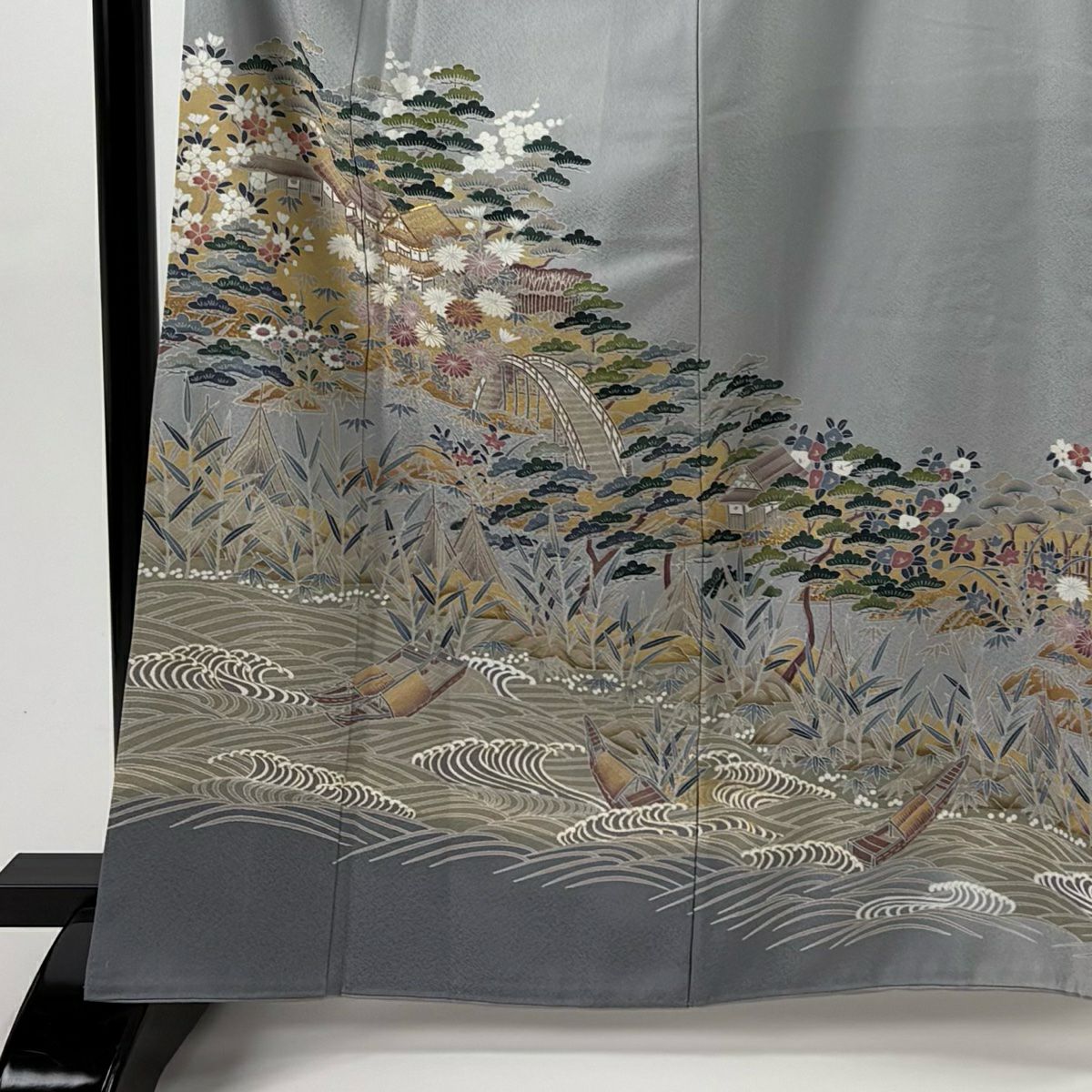灰色留袖禮服 身長163.5cm 袖長67cm M 雙層 建物 松樹竹子梅花 金絲 金銀彩 純蠶絲 秀品級 一個紋