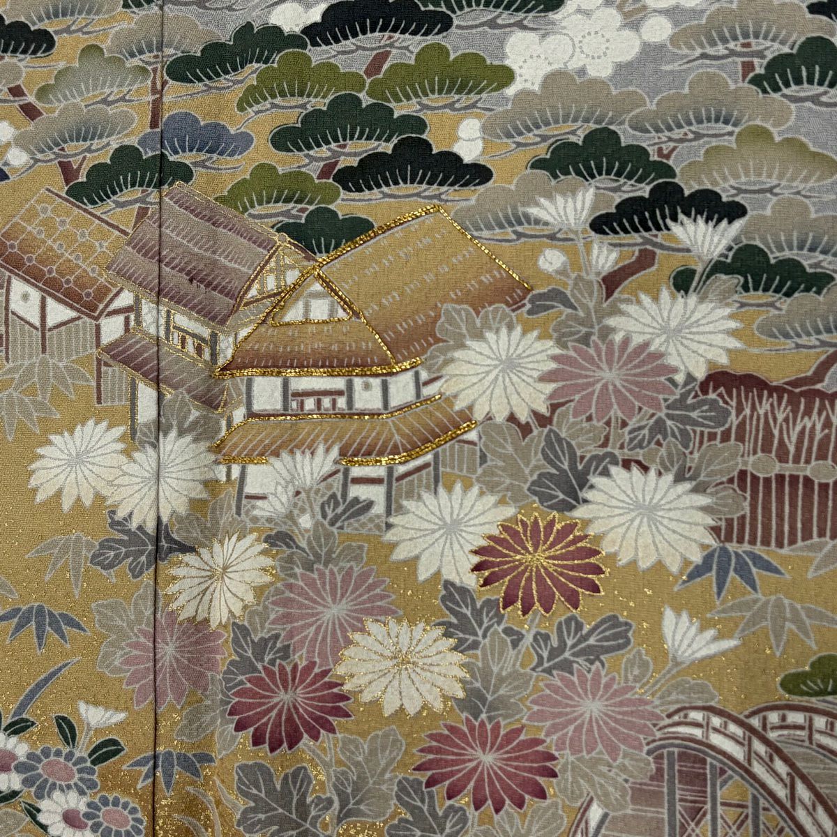 灰色留袖禮服 身長163.5cm 袖長67cm M 雙層 建物 松樹竹子梅花 金絲 金銀彩 純蠶絲 秀品級 一個紋