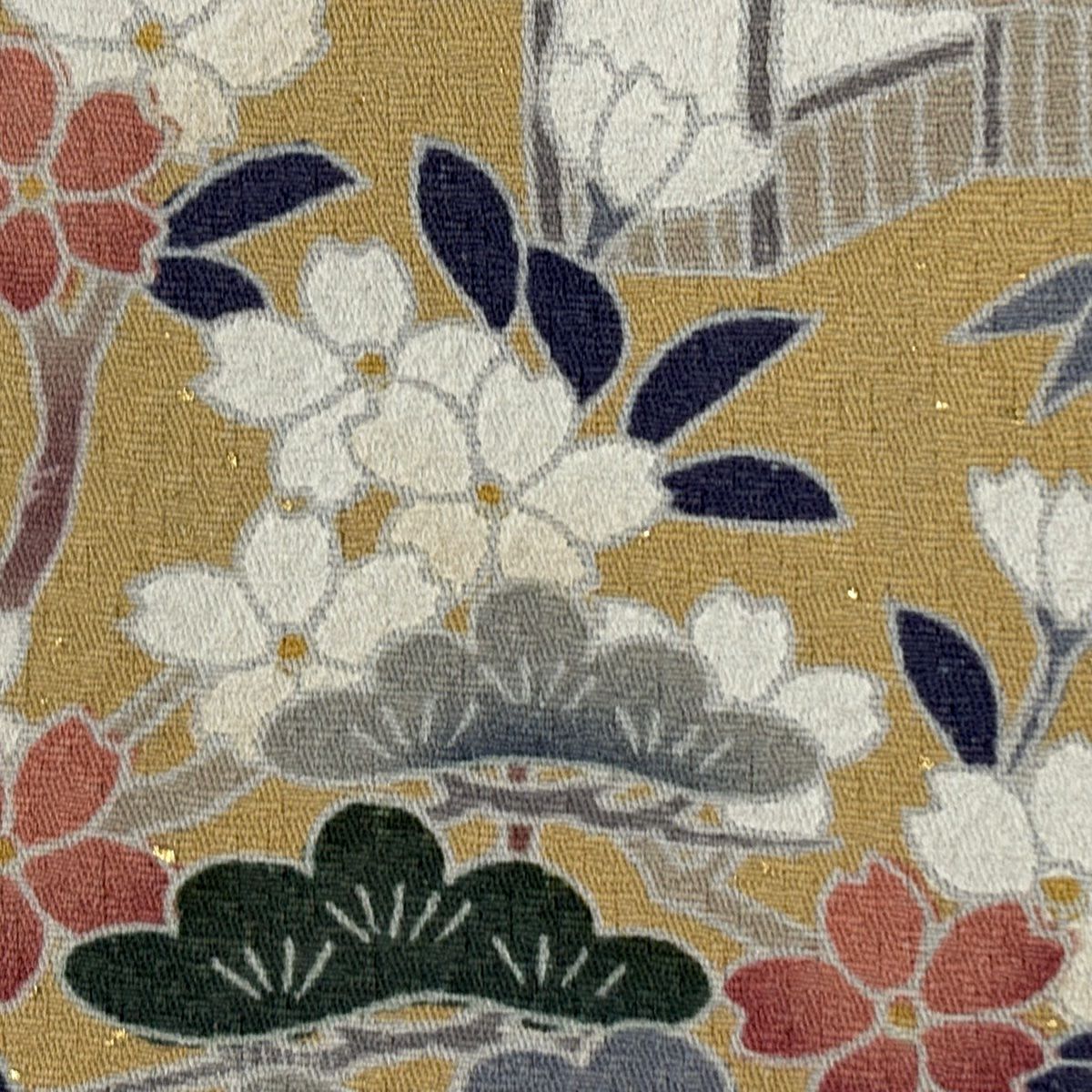 灰色留袖禮服 身長163.5cm 袖長67cm M 雙層 建物 松樹竹子梅花 金絲 金銀彩 純蠶絲 秀品級 一個紋