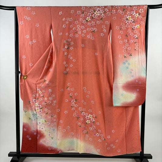 振袖禮服 身長155.5cm 袖長64.5cm M 雙層 櫻花 流水 金銀彩 漸層 鮭粉色 純蠶絲 優品級