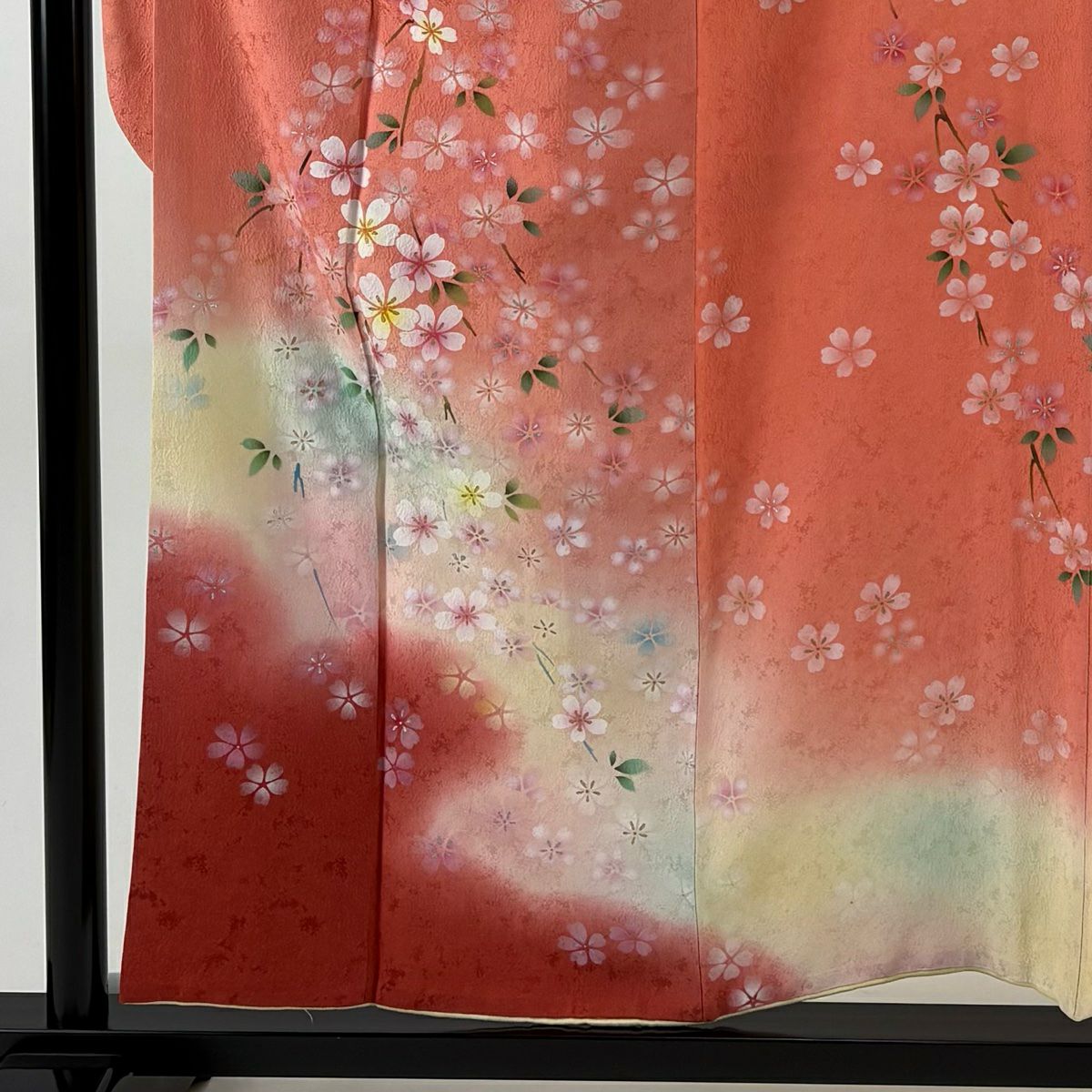 振袖禮服 身長155.5cm 袖長64.5cm M 雙層 櫻花 流水 金銀彩 漸層 鮭粉色 純蠶絲 優品級
