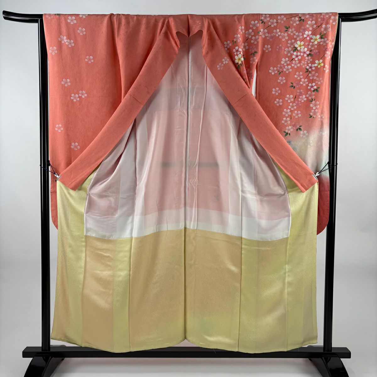 振袖禮服 身長155.5cm 袖長64.5cm M 雙層 櫻花 流水 金銀彩 漸層 鮭粉色 純蠶絲 優品級