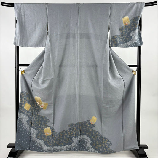 付下 身長163cm 袖長69cm L 雙層 花丸紋 霞 金銀彩 刺繡 灰 純蠶絲 秀品級
