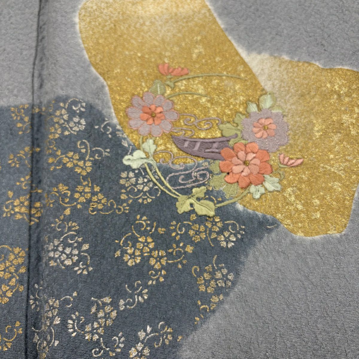 付下 身長163cm 袖長69cm L 雙層 花丸紋 霞 金銀彩 刺繡 灰 純蠶絲 秀品級