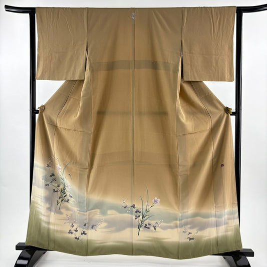 色留袖禮服 身長161cm 袖長62.5cm S 雙層 落款 草花紋紋 霞暈染 淺茶 純蠶絲 秀品級 一個紋