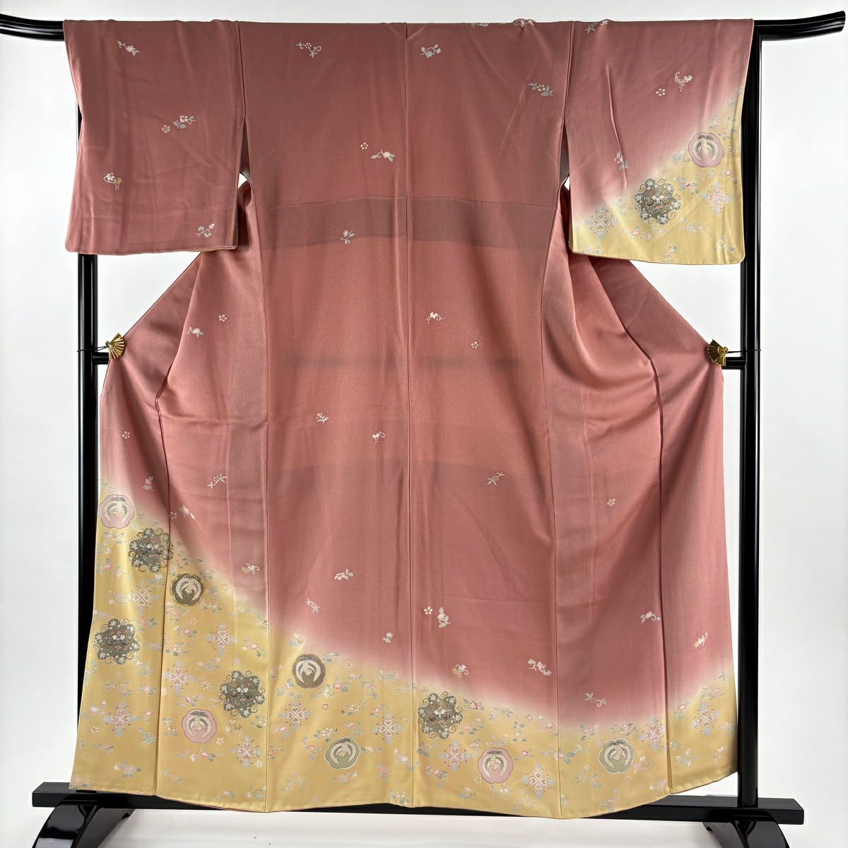 訪問服 身長159.5cm 袖長68cm L 雙層 向鳥 草花紋紋 金絲 金銀彩 粉米色 純蠶絲 優品級
