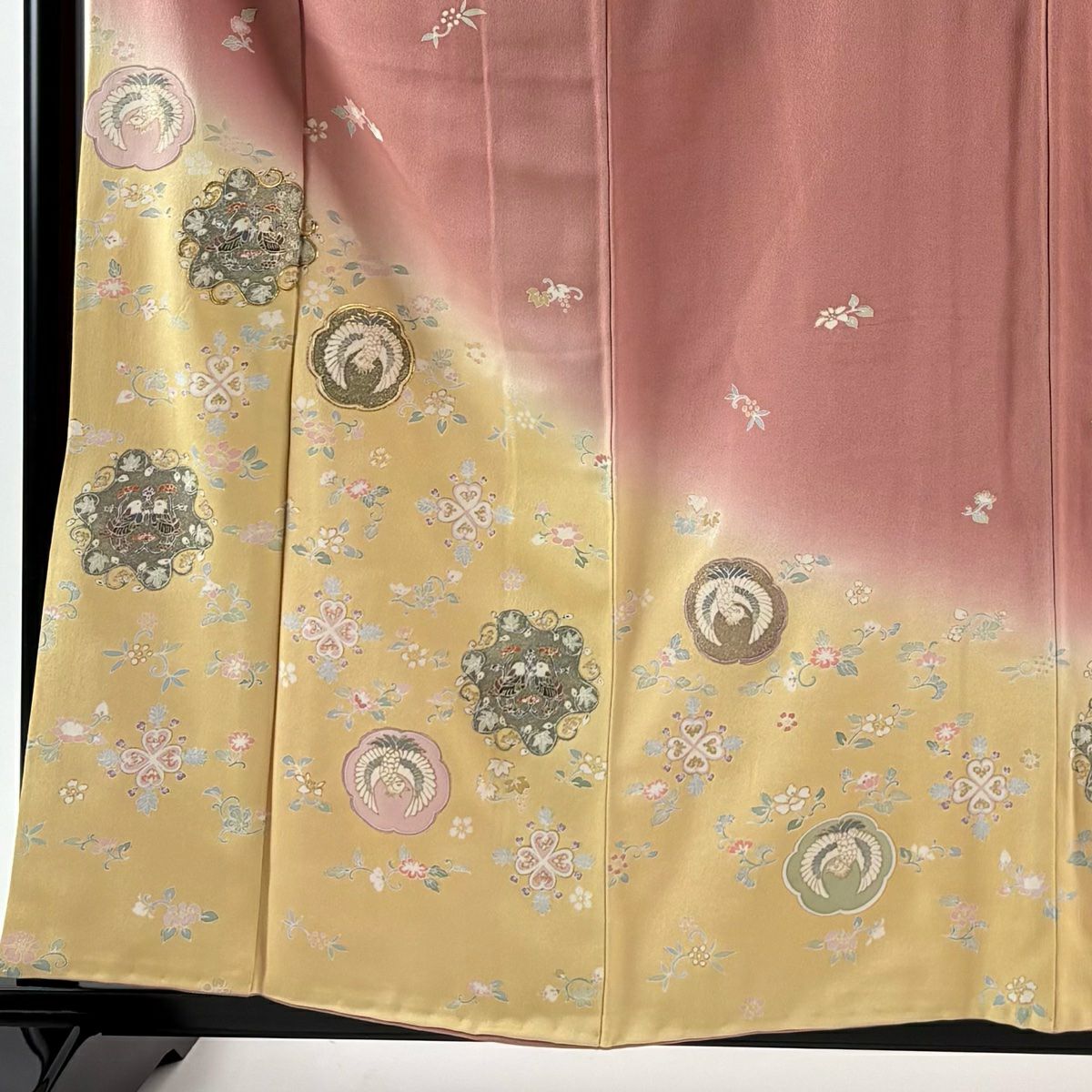 訪問服 身長159.5cm 袖長68cm L 雙層 向鳥 草花紋紋 金絲 金銀彩 粉米色 純蠶絲 優品級