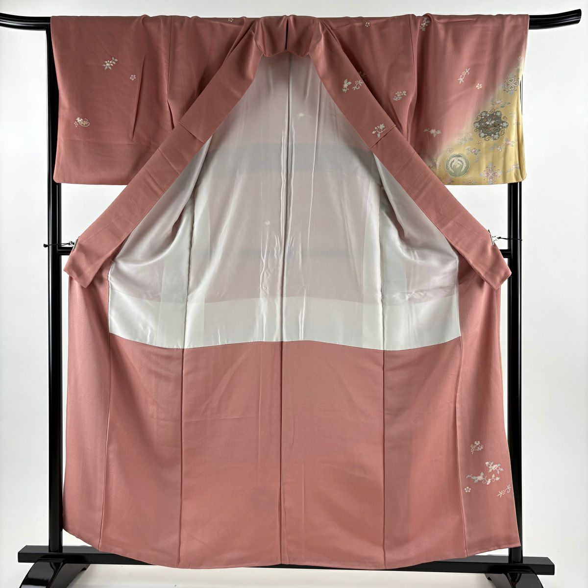 訪問服 身長159.5cm 袖長68cm L 雙層 向鳥 草花紋紋 金絲 金銀彩 粉米色 純蠶絲 優品級