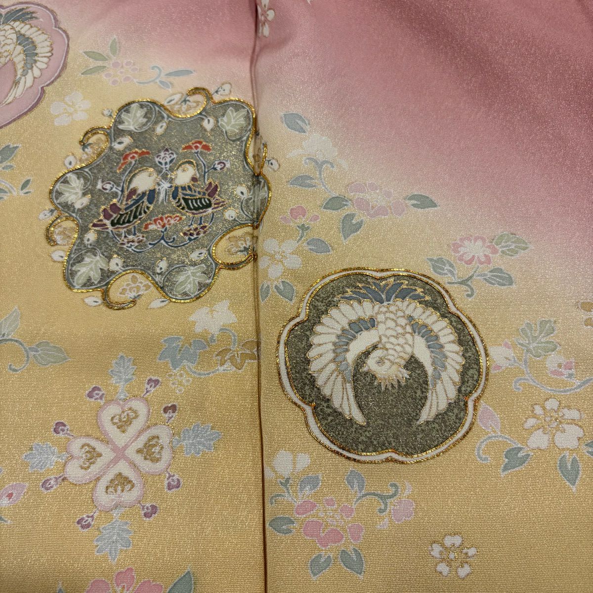 訪問服 身長159.5cm 袖長68cm L 雙層 向鳥 草花紋紋 金絲 金銀彩 粉米色 純蠶絲 優品級