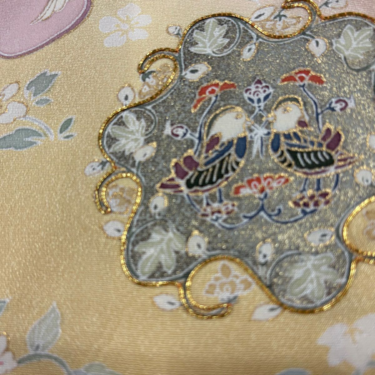 訪問服 身長159.5cm 袖長68cm L 雙層 向鳥 草花紋紋 金絲 金銀彩 粉米色 純蠶絲 優品級