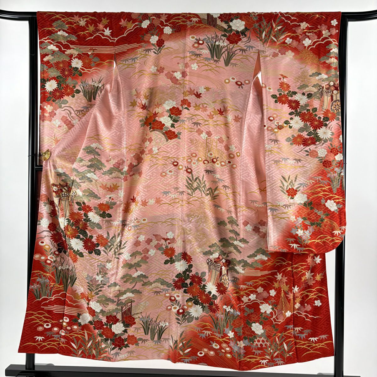 振袖禮服 身長151cm 袖長64cm M 雙層 御所車 松樹竹子梅花 金絲 金銀彩 粉紅 純蠶絲 秀品級
