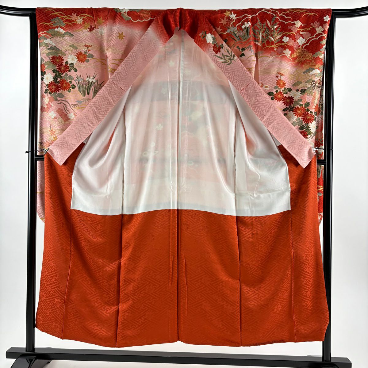 振袖禮服 身長151cm 袖長64cm M 雙層 御所車 松樹竹子梅花 金絲 金銀彩 粉紅 純蠶絲 秀品級