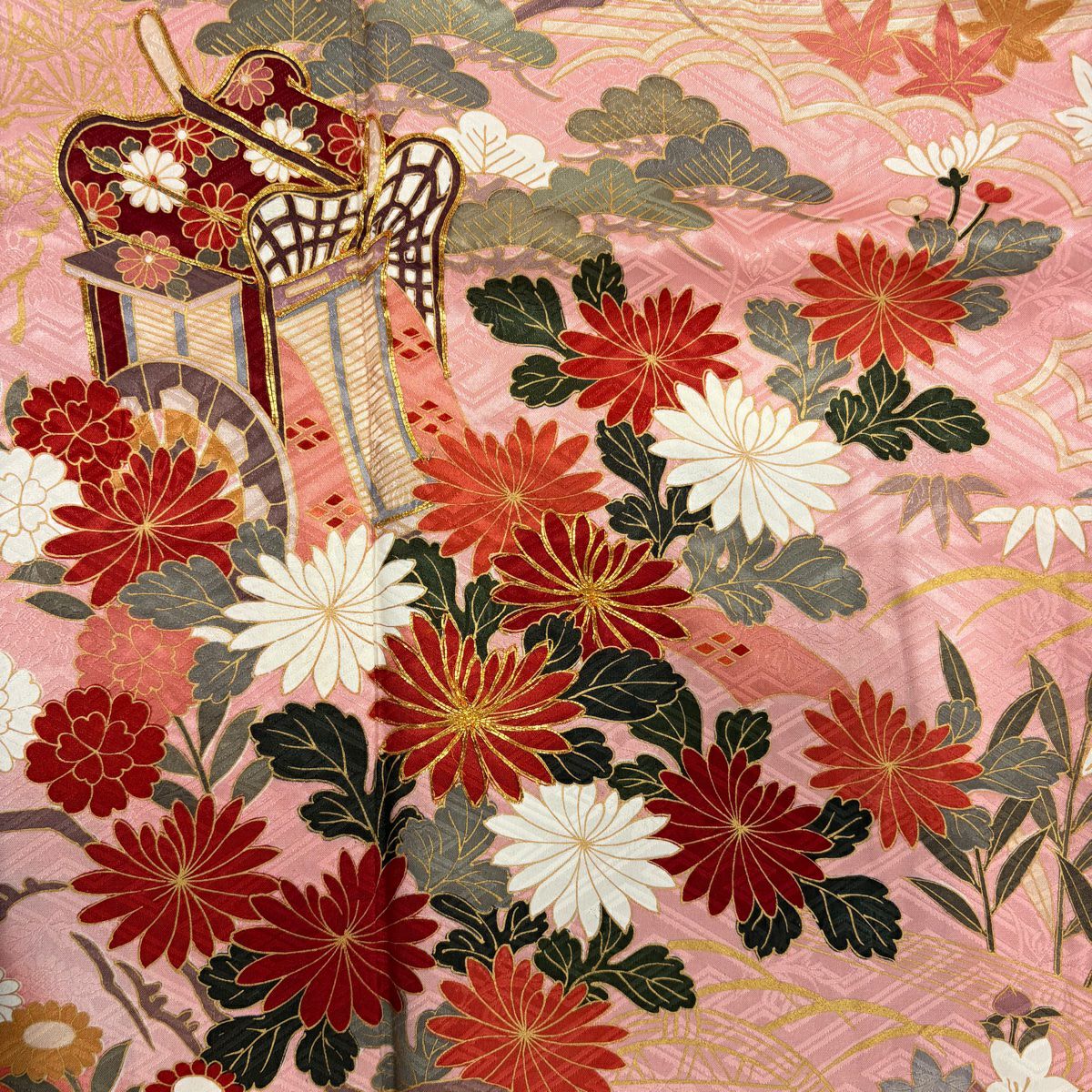 振袖禮服 身長151cm 袖長64cm M 雙層 御所車 松樹竹子梅花 金絲 金銀彩 粉紅 純蠶絲 秀品級